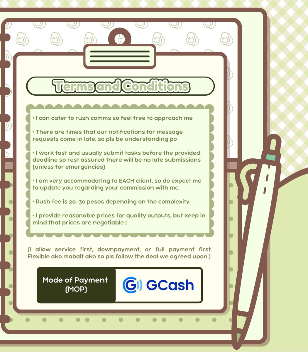 ♡ Hallooo ! 🍃Iya hereee, your acad commissioner serving you smooth &amp; fast transactions ! ^ - ^ 

♡ Kindly refer below to my comms sheets abt my info &amp; fortes. Looking forward in working w/ u ! 💚 

♡ For easier &amp; faster transactions, pls fill up the inquiry form provided