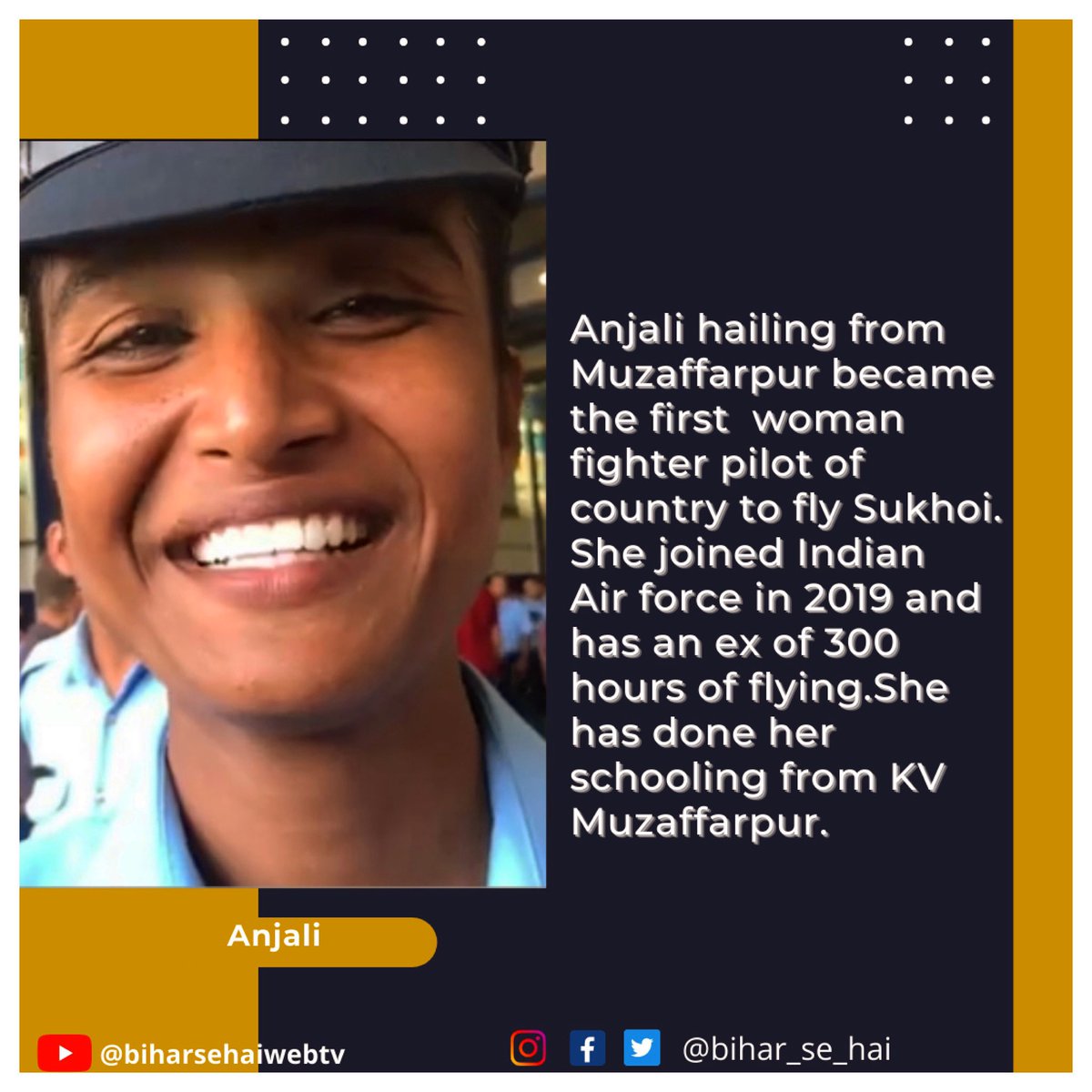 Bihar_se_hai's tweet photo. Another inspiring story for all of you ♥️

बिहार की बेटी अंजलि सुखोई युद्धक विमान उड़ाने वाली देश की पहली महिला फाइटर पायलट बनी है। उसने 18 फरवरी को एमकेआई 30 उड़ाकर यह उपलब्धि हासिल की है। अंजलि भारतीय वायु सेना में 2019 में फाइटर पॉयलट के रूप में शामिल हुई। https://t.co/XabhZmHKSe