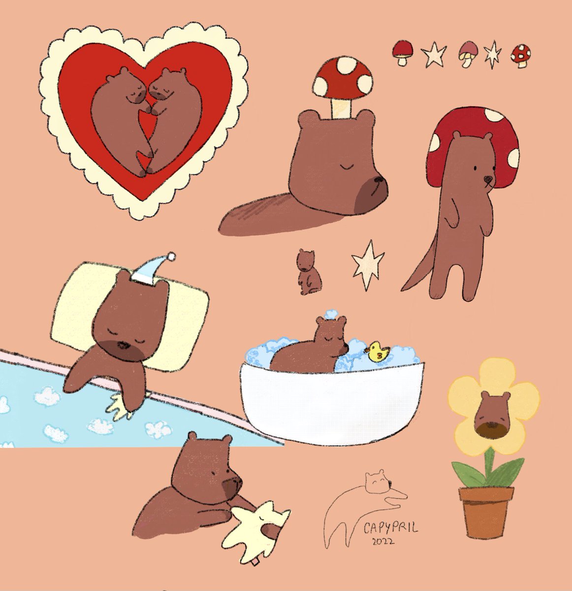 breadsoupcat's tweet photo. this is very late but i wanted to compile my #capypril drawings for the free spread day 🌞 twas a very fun challenge to partake in, thank u @capydoodle for hosting https://t.co/R4br9Kqn35