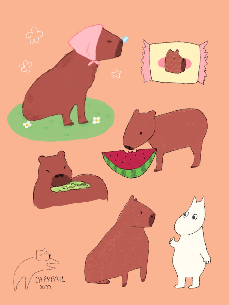 breadsoupcat's tweet photo. this is very late but i wanted to compile my #capypril drawings for the free spread day 🌞 twas a very fun challenge to partake in, thank u @capydoodle for hosting https://t.co/R4br9Kqn35