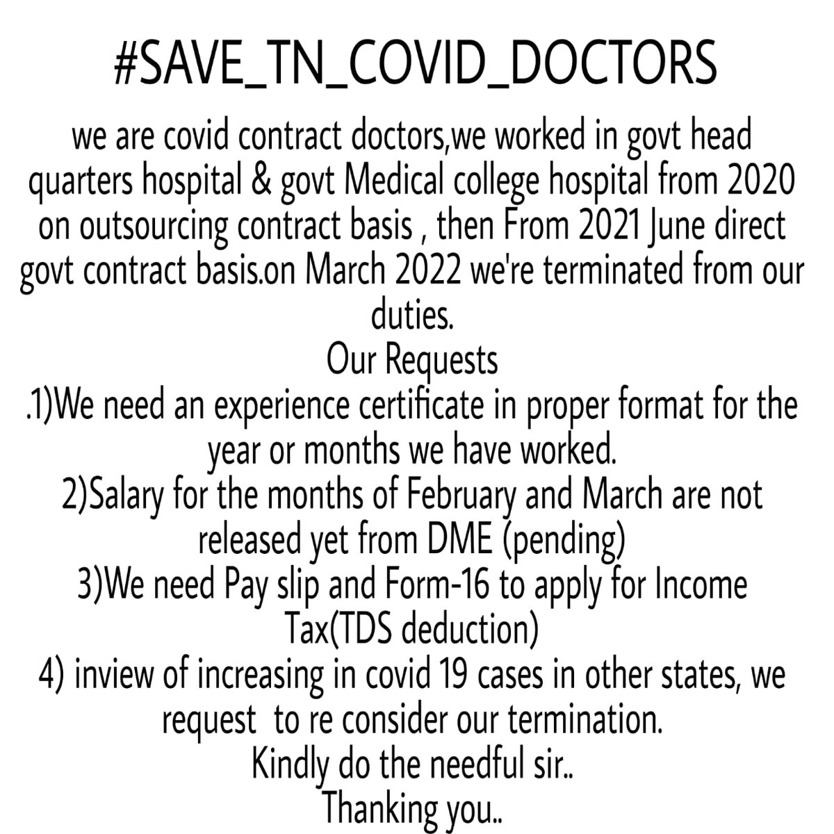 Vinoth25735015's tweet photo. @Subramanian_ma @RAKRI1
Good morning sir. We are COVID contract doctors from Tamil Nadu, kindly please resolve this issues, thankyou, #SAVE_TN_COVID_DOCTORS https://t.co/VnF88u1kqp