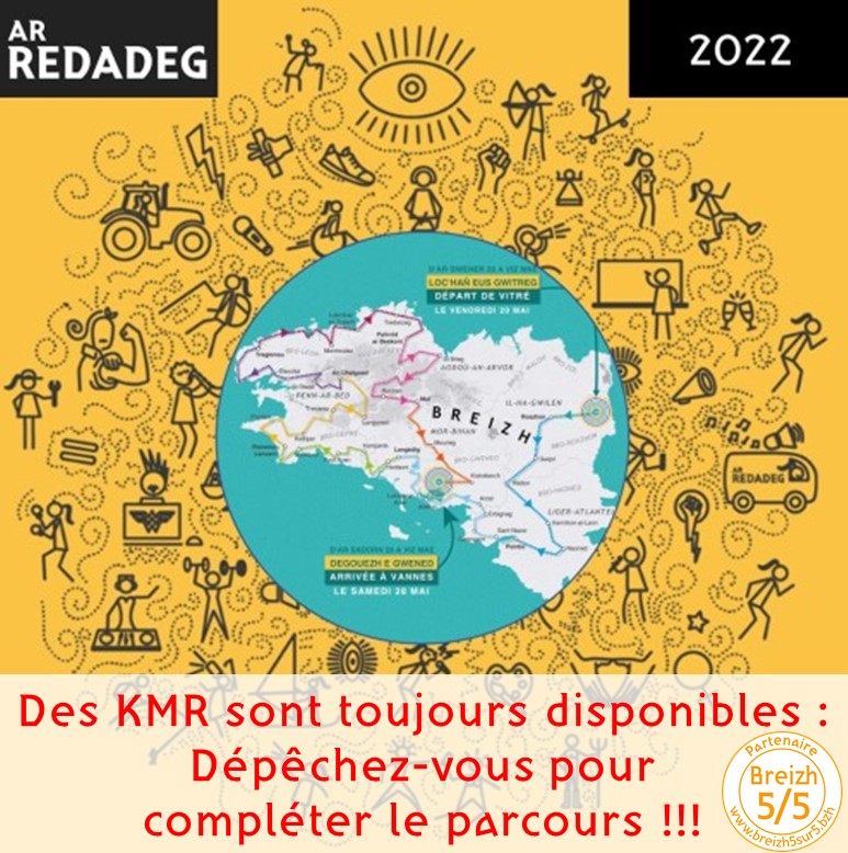 A l'Affiche (48) … avec Redadeg 2022. 
Venez courir le KMR "Breizh 5/5" et/ou achetez les derniers KMR disponibles. #PartenaireBreizh5sur5 
breizh5sur5.bzh Actu du 4 mai 2022
