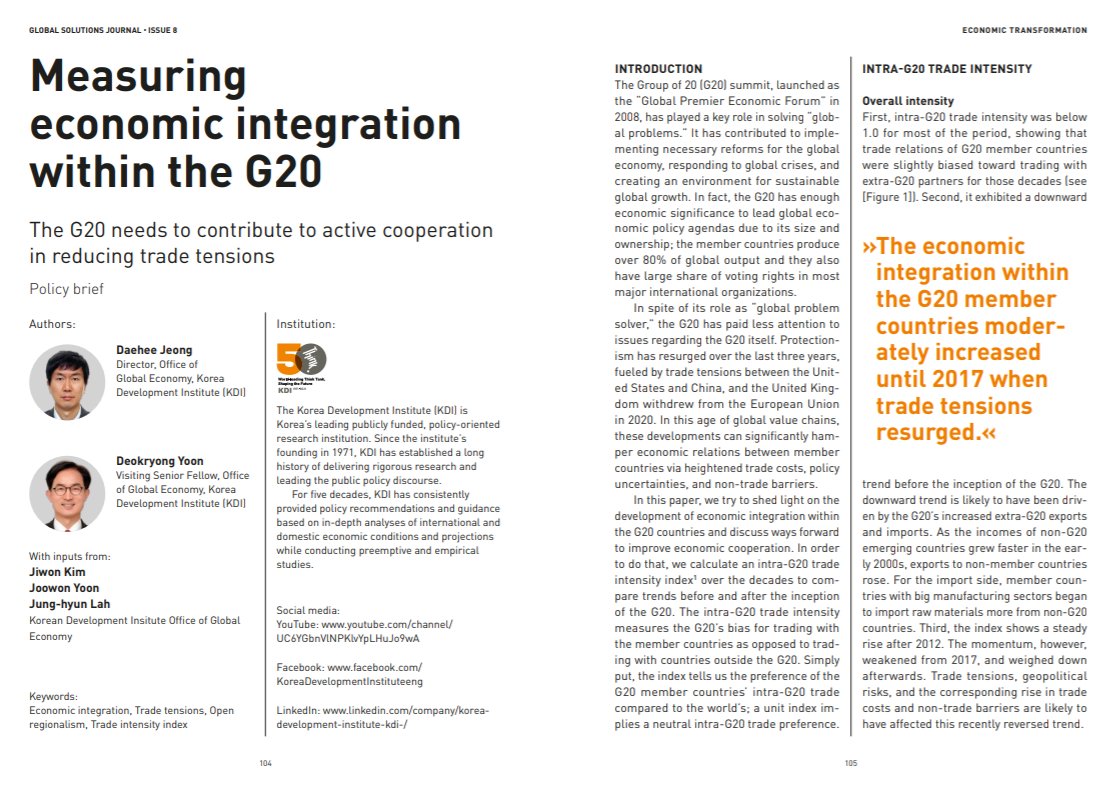glob_solutions's tweet photo. What role do #TradeTensions play in the #EconomicIntegration within the #G20 members countries and what are the ways to improve economic cooperation? Read more in the article by Daehee Jeong and Deokryong Yoon, #KDI, in the new #GSJournal: https://t.co/bNzkX4ph57 https://t.co/FbtaWNwwl5