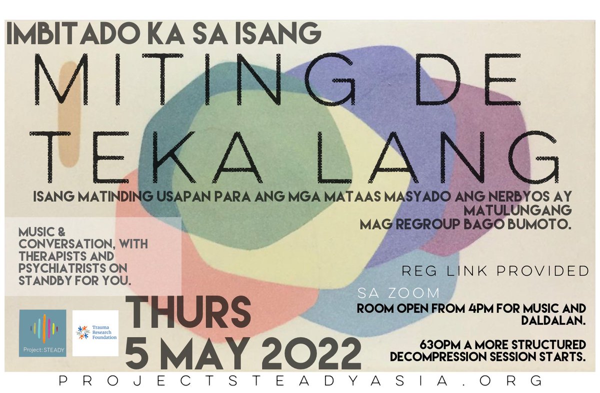 project_steady's tweet photo. KAILANGAN MO BA NG KAUNTING REGROUP AT PAMBAWAS-NERBYOS BAGO BUMOTO SA LUNES? 

IMBITADO KA sa isang MENTAL HEALTH DECOMPRESSION SESSION BUKAS!

4pm MUSIC TAMBAY DALDAL W/ STANDBY PSYCHIATRIST &amp; TRAUMA-INFORMED COUNSELORS AND THERAPISTS

630pm DECOMPRESSION SESSION BEGINS.✨🇵🇭 https://t.co/pbiKvHvP5N
