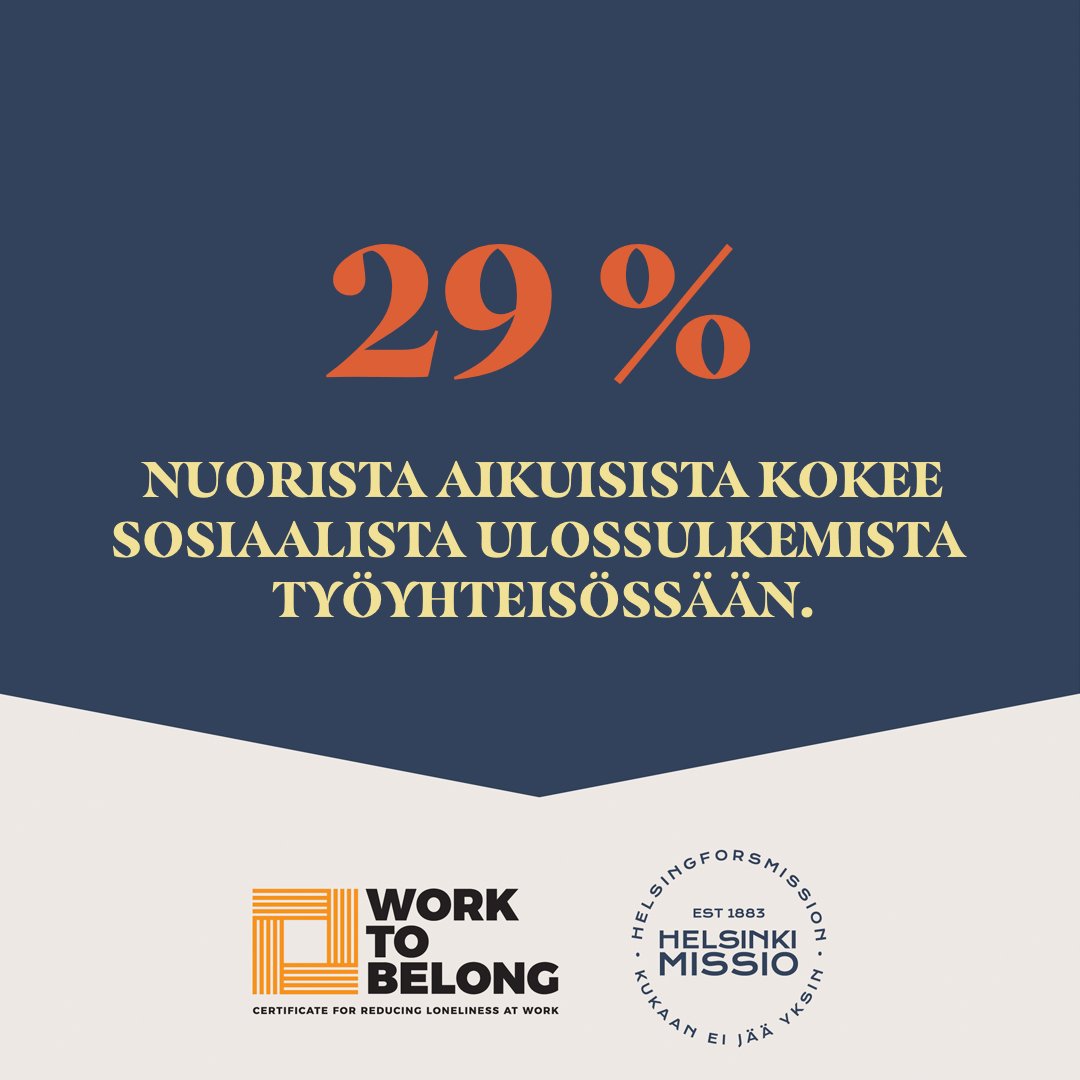 HelsinkiMissio's tweet photo. Tiesitkö, että uransa alussa oleville työyhteisöön kuuluminen on merkittävä tekijä ammatilliselle itsetunnolle? 29 % nuorista aikuisista kokee sosiaalista ulossulkemista työyhteisössään.

📝 Lue Työelämän yksinäisyys 2022 -barometri: https://t.co/1Lxt8ht9p9

#worktobelong https://t.co/O8g7YH5YEO