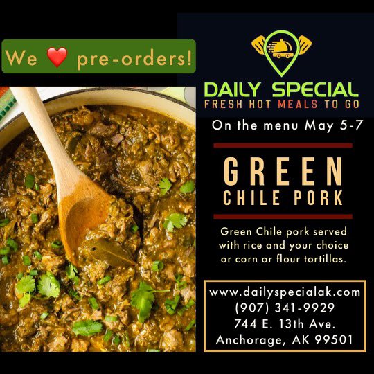 DailySpecialAk's tweet photo. This week at the Daily Special!  Available for pickup and delivery!  Thursday-Saturday, 4-9pm #foodies #foodie #Anchorage #comfortfood https://t.co/Ow3QGIolhl