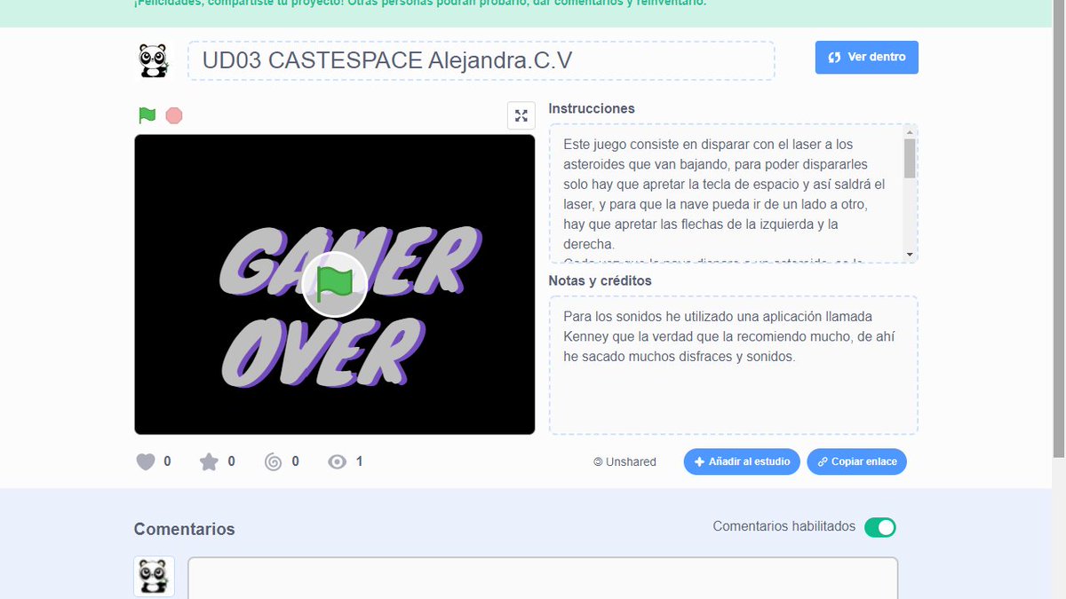 Alejandra10908's tweet photo. Por fin, hoy he publicado mi juego 02 de scratch.
Ha sido mucho esfuerzo, pero al final lo he conseguido.
Aqui os dejo la URL por si quereis jugar y echarle un vistazo. ⬇️⬇️ #3ESOCCs21 #ScratchCCs21 #ACVCCs21
https://t.co/P1XcU1RSkE https://t.co/pm4EzHSacM