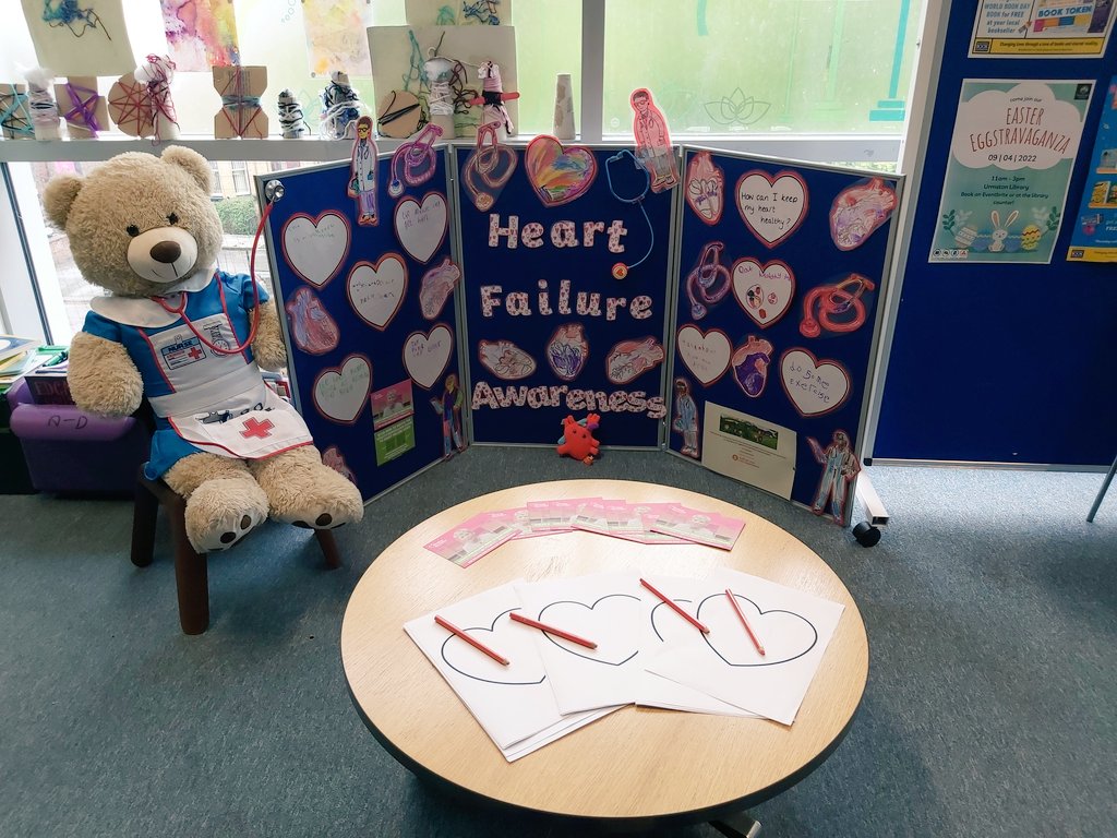 Many patients ask me how to tell children about HF. Nurse Ted's awareness board has been set up @TraffLibraries Thank you to the children in Snowy Owls at @DavyhulmePS for helping with this fantastic board🧡@teamlco @pumpinghearts @BSHeartFailure #hfaw22 @HeartFailureFrm #BeatHF