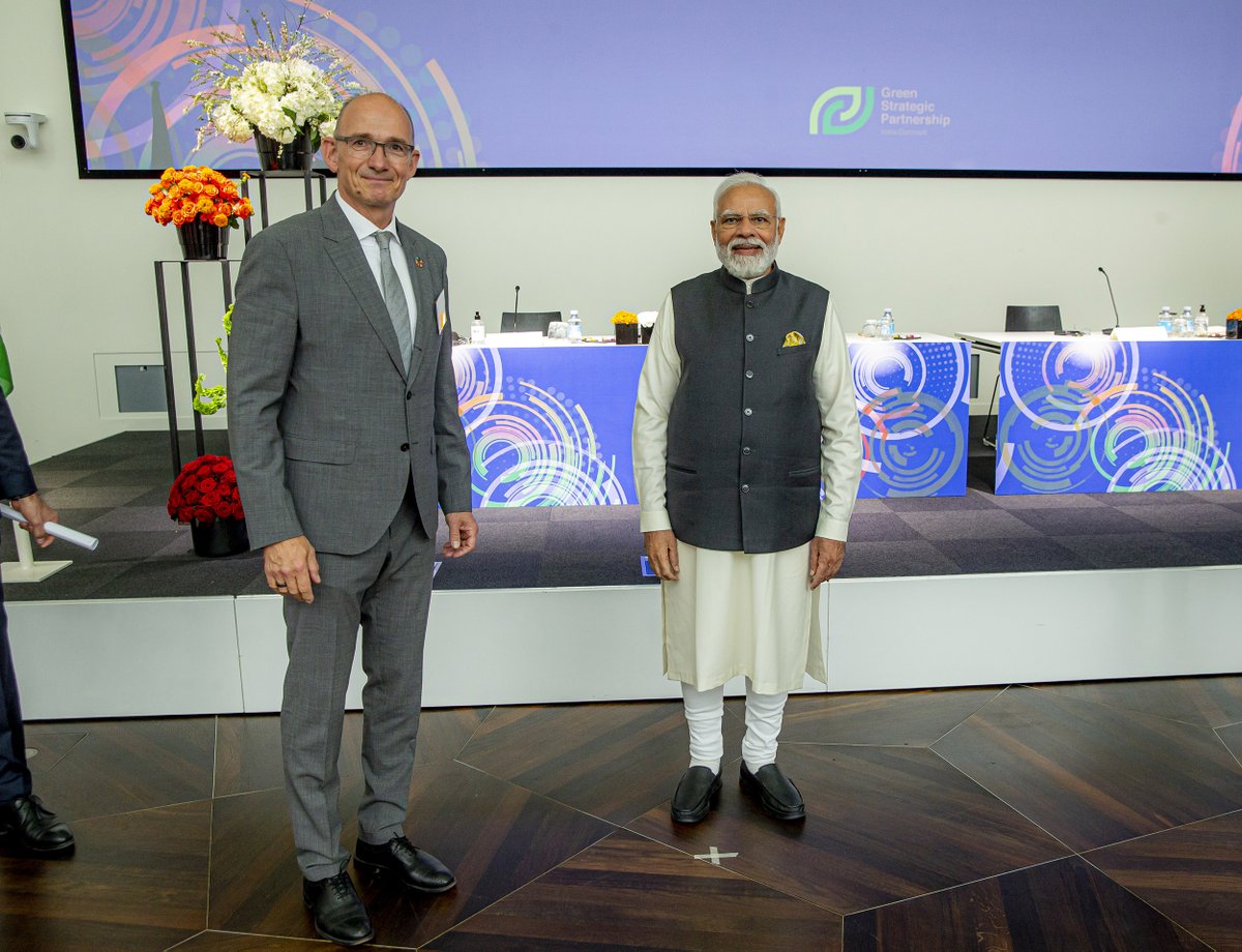 grundfos's tweet photo. Great to be part of the Indian PM’s visit to Denmark. Our chairman engaged in dialogue about how our energy and water efficient solutions can contribute to a greener future in India and to Mr. Modi’s ambition of ensuring water access to all households by 2024. https://t.co/9PW48kpvg0