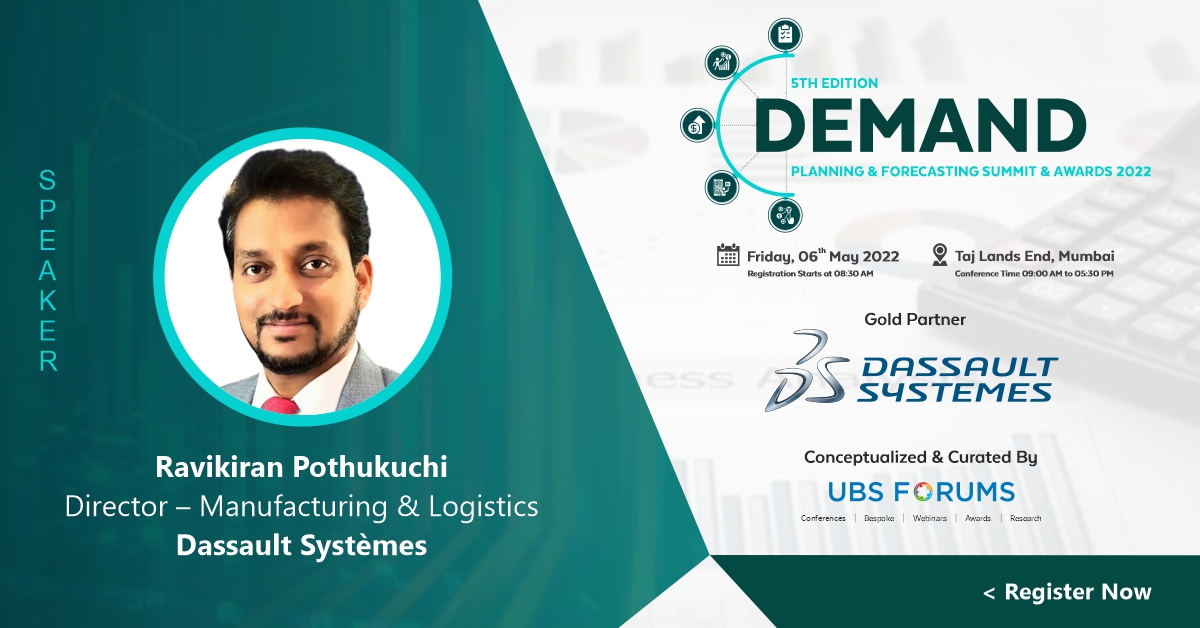 We are elated to welcome our eminent speaker <a href="/Ravikiran_tweet/">Ravikiran Pothukuchi</a> <a href="/3DSIndia/">Dassault Systemes IN</a> for our Exclusive "5th Edition Demand Planning &amp; Forecasting Summit &amp; Awards 2022" scheduled on Friday, 6th May 2022 at Taj Lands End, Mumbai
Register On- tinyurl.com/mrydxapp
#ubsfdpf #Demand #Dassault