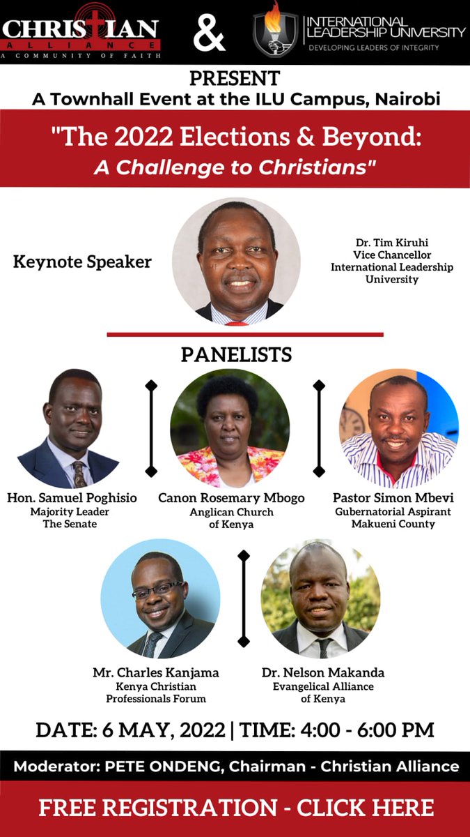 Ilu_University's tweet photo. 2 DAYS TO GO!

What role does the church have to play in this election season? On what basis should a Christian vote for a candidate? 

ILU is honoured to host the inaugural Shiriki Dialogue at its Nairobi Campus from 4:00PM and aired live on @HopeTV_KE and @HopeFMLive https://t.co/tIuuZMWCHV