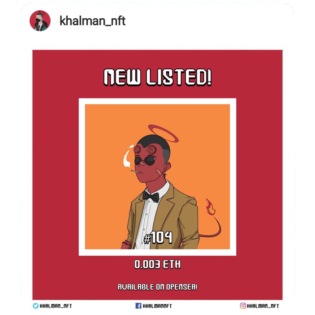 Khalman #104 is now available on 
<a href="/opensea/">OpenSea</a> !

For price is only 0.003 Eth.
Blockchain : Polygon.

Grab it now!! Link in my bio.

#NFT #NFTs #NFTCommunity #NFTCollection #nftcollector #nftart
