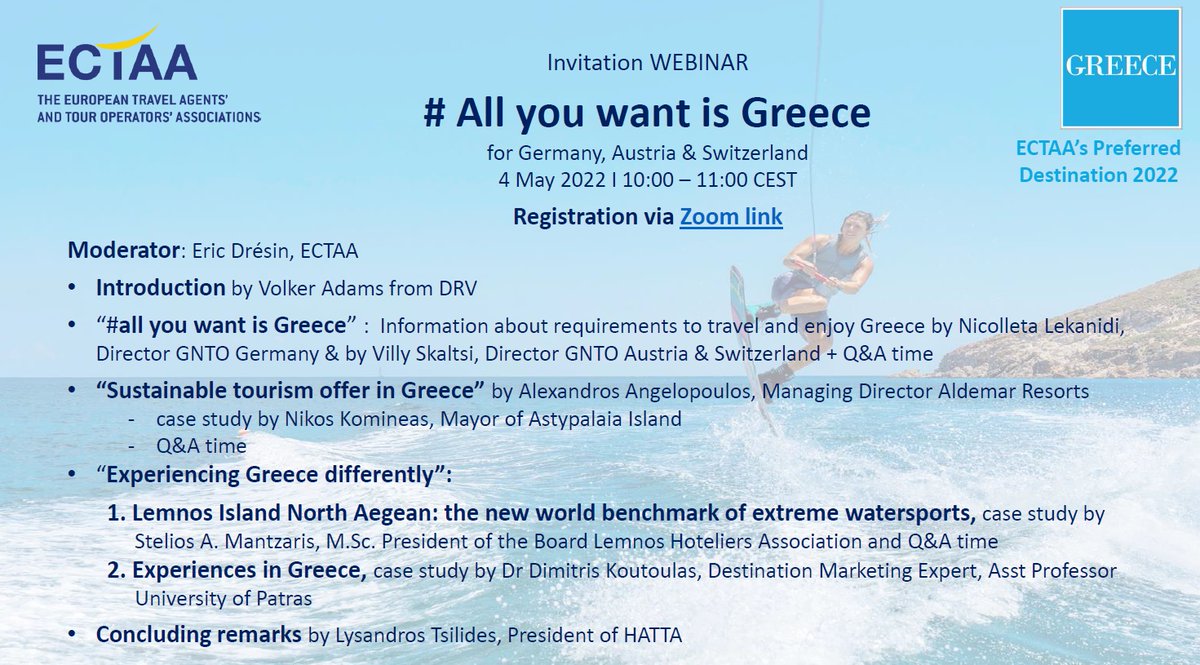 ECTAAEurope's tweet photo. You're a #traveladvisor in 🇦🇹 🇩🇪 or🇨🇭 and interested 
#sustainabletourism, extreme #watersports &amp;  experiencing #Greece differently?
Join our webinar #alliwantisgreece today at 10am CEST. 
Register here: https://t.co/miuDDg69bN
@DRVDE @WKOe @oerv_info https://t.co/0GPa8gvdeA