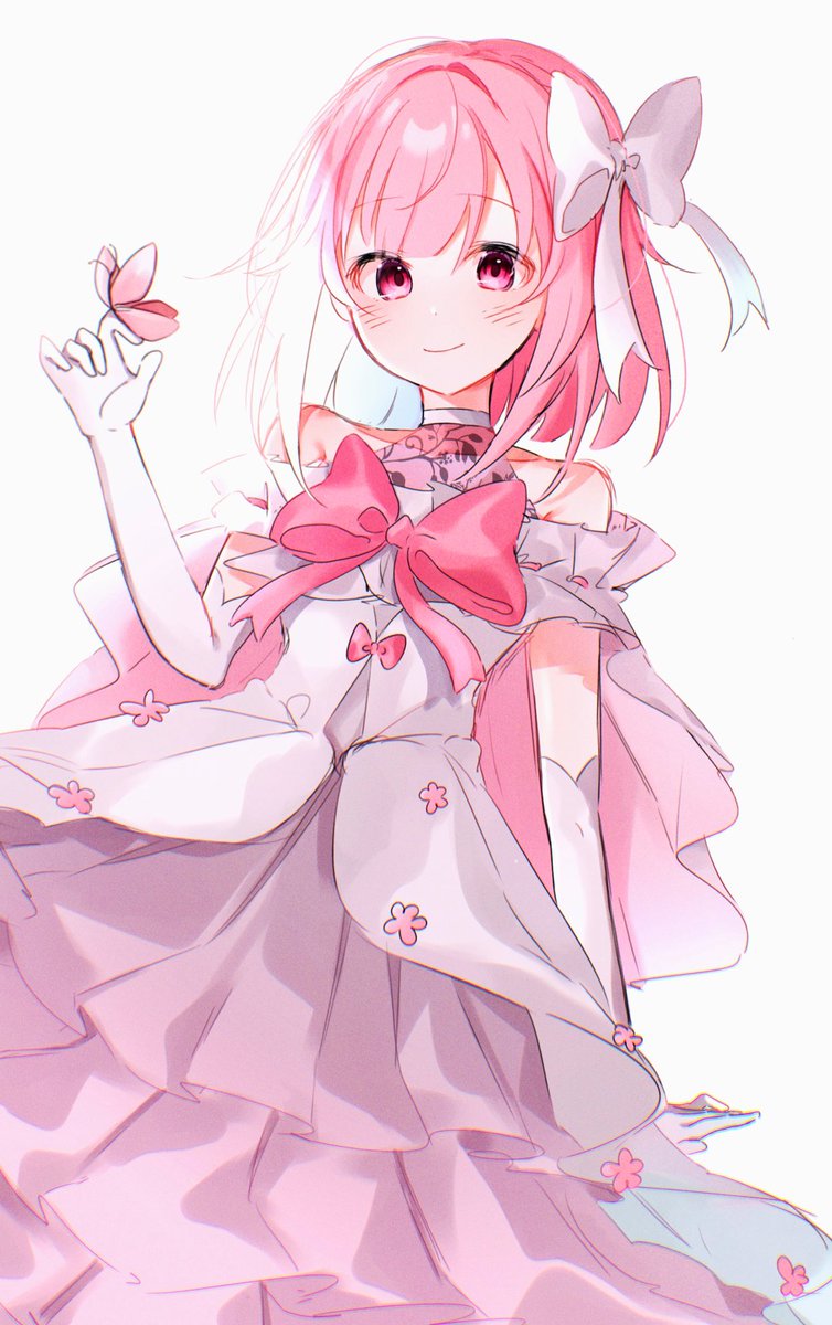1girl solo pink hair dress gloves pink eyes bow  illustration images