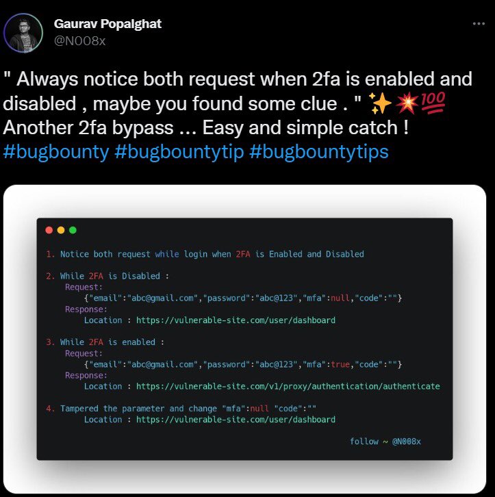 2FA Bypass Testing ( Method 3 ) ==> #WayToInject 

=> Check Both Request While Login  
      When 2FA Is Enabled And 
      Disabled.

#CipherEra #VedixEra #AlphaeraX #bugbounty #bugbountytips #redteam #offensivesecurity #cybersecurity #cybersecuritytips
