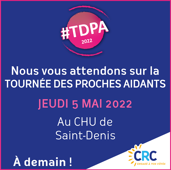 groupe_crc's tweet photo. [#TDPA 2022 #rdv]
Retrouvez nous demain, 5 mai, au @chudelareunion CHU Felix Guyon à Saint-Denis  dans le cadre de la Tournée des Proches Aidants.

Au programme : Ecoute, conseil, information ainsi que des ateliers bien-être et d'aromathérapie.
#ateliers #bienetre #aromatherapie https://t.co/xYerpWIyWR