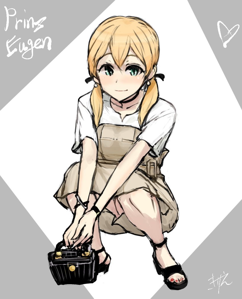 prinz eugen (kancolle) 1girl solo blonde hair twintails squatting alternate costume nail polish  illustration images