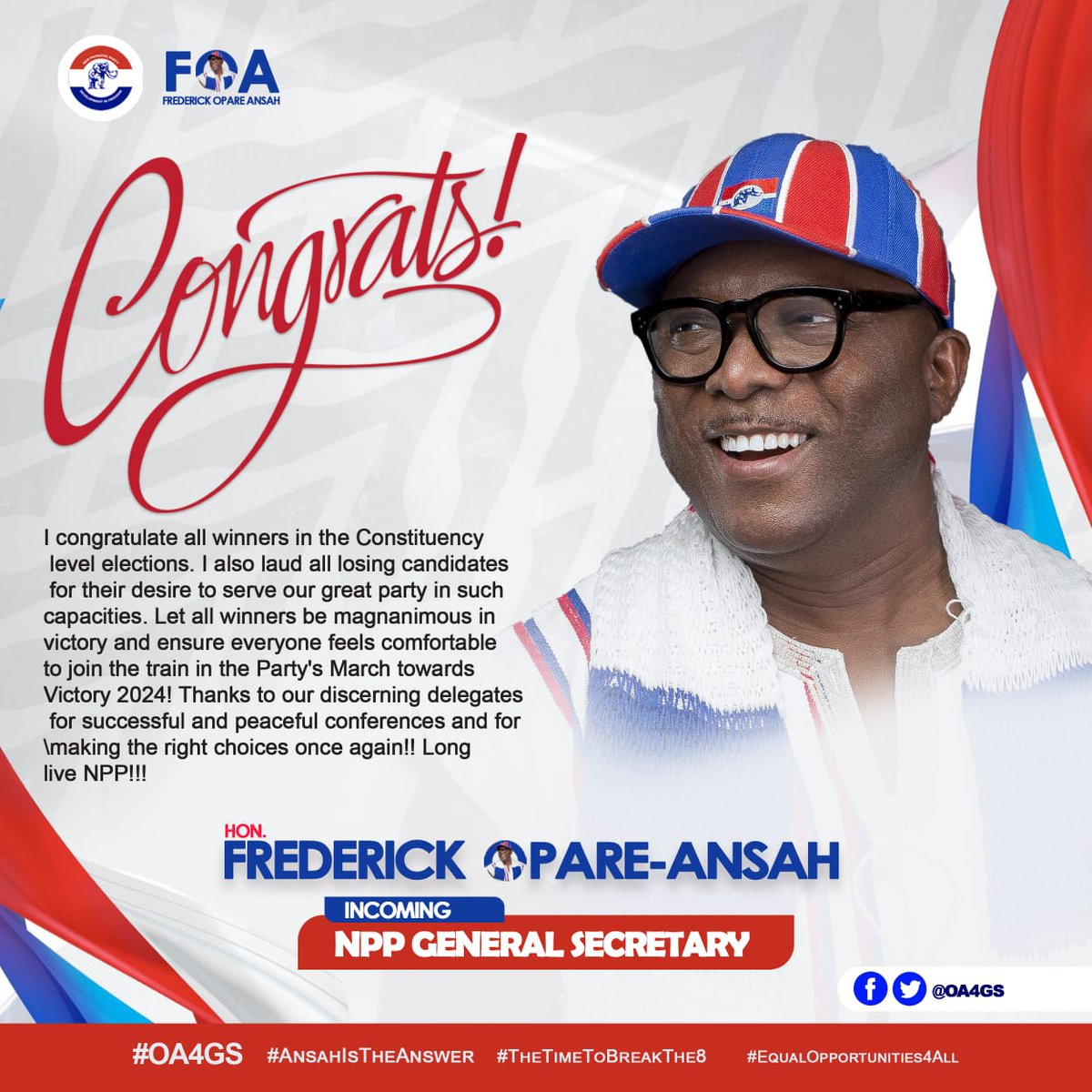 richie_RMB's tweet photo. _The Incoming General Secretary, *HON. FREDERICK OPARE-ANSAH* Congratulates All Newly Elected Executives At The Constituency Level_

#AnsahIsTheAnswer 🇳🇱🐘🇳🇱
#OA4GS
#TheGrassrootsChoice
#TheTimeToBreakThe8
#RestoringTheGrassrootsFaith
#EqualOpportunities4All
#TheStrongMan https://t.co/bUG7wvXRXo
