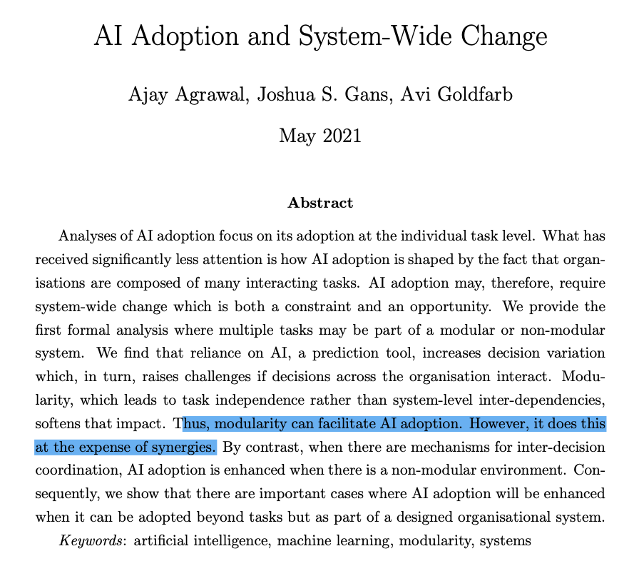 JMateosGarcia's tweet photo. "AI adoption and system-wide change"
Fun paper modelling the link between AI adoption and an organisation's structure. It highlights the challenges of realising the benefits of innovations in decision-making even when actors are aligned.
https://t.co/gPXpTVVj8S
#econai https://t.co/XlqDbD1spq