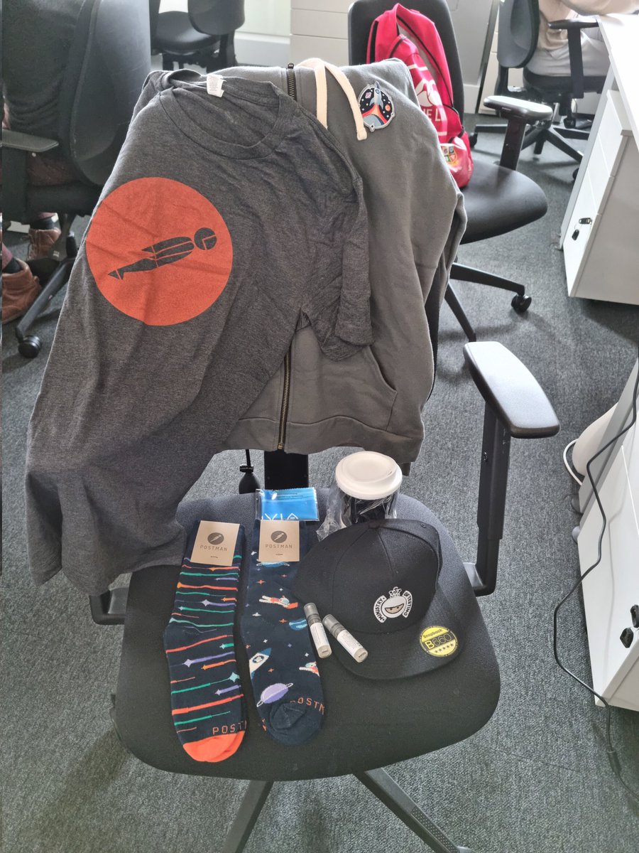 EmJayKay80's tweet photo. What great swag I received yesterday from TestBashX Brighton. I'm seriously thankful and also I look like I work for Postman today, almost wearing everything bar the 2nd pair of socks & the mot hat! 🤣🤣 #testbashX @ministryoftest @getpostman https://t.co/glyMGhXFGR