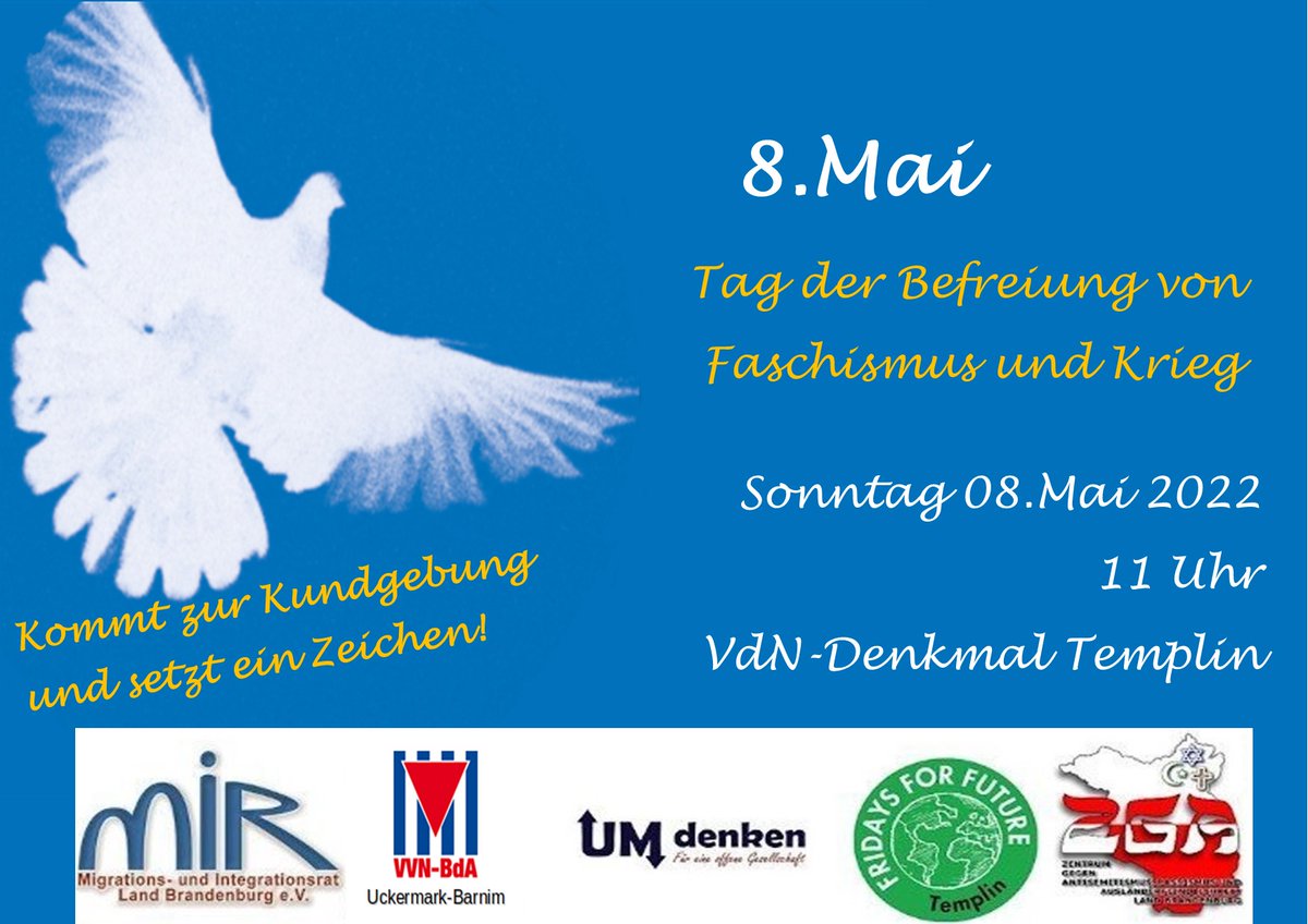 Kommt zur Gedenkveranstaltung am 8. Mai nach #Templin.
Nie wieder Faschismus! Nie wieder Krieg!
<a href="/VVN_BdA_BRB/">VVN-BdA_Brandenburg</a>