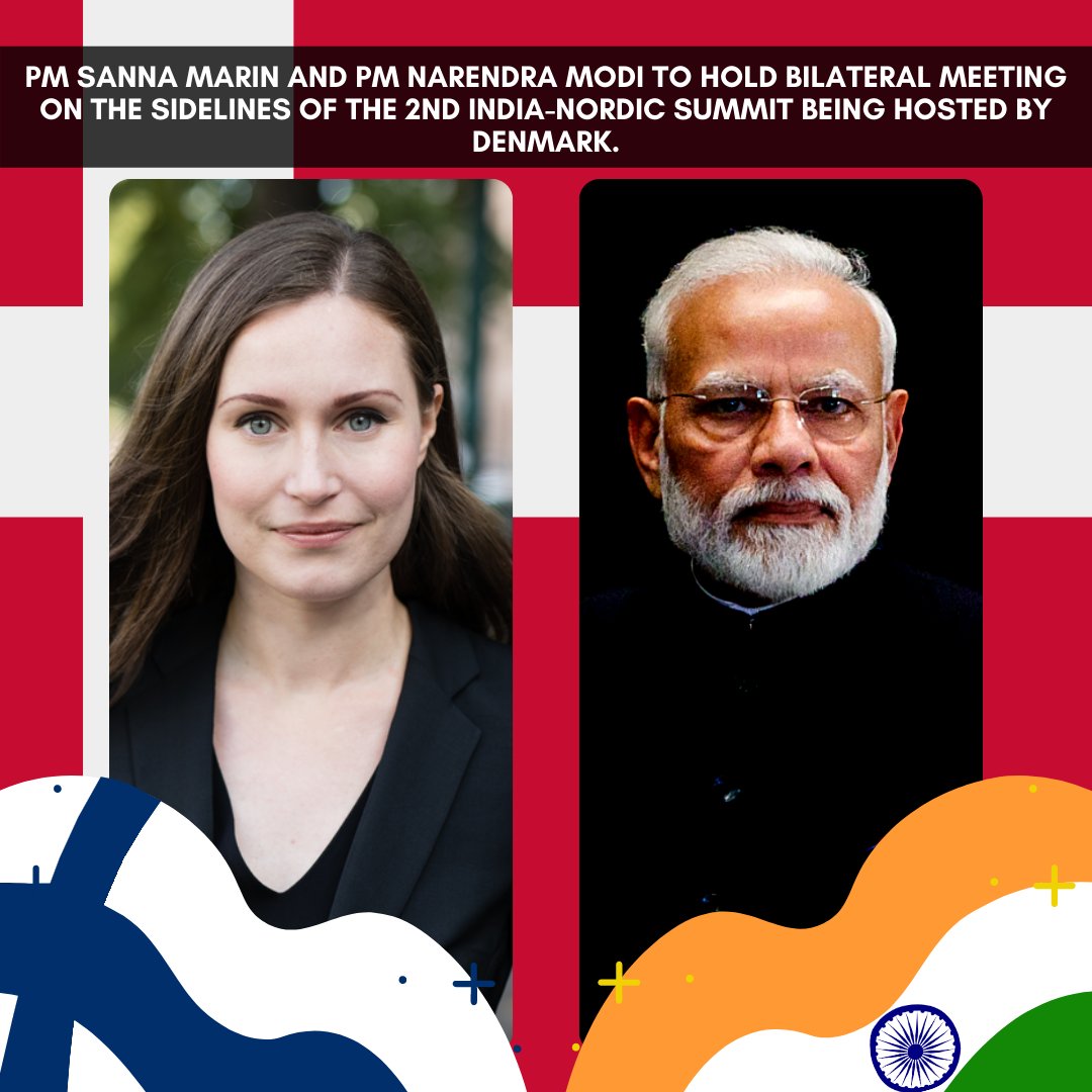 FinlandinIndia's tweet photo. On the sidelines of the 2nd #IndiaNordicSummit being hosted by Denmark today, PM @MarinSanna and PM @narendramodi shall hold a bilateral meeting to discuss the growing 🇫🇮🇮🇳 partnership and how it can be strengthened. 
@IndianDiplomacy 
@PMOIndia 
@FinGovernment 
@AmbKoukkuRonde https://t.co/1vkUUvNDpx