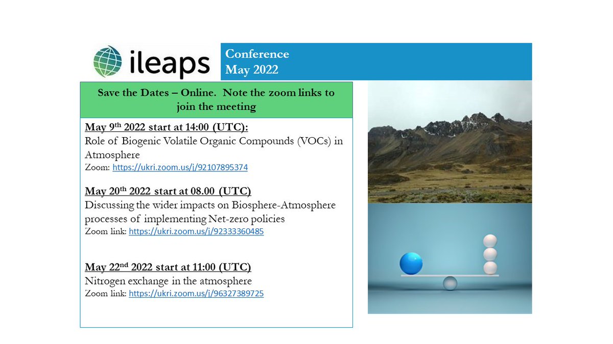 iLEAPS_ECSN's tweet photo. Join us this month for our online @iLEAPS18 conference lite sessions. More information and session links can be found here in our website: https://t.co/eIksM4FSdm
#BVOCs #Net-zero #Nitogen https://t.co/P5QAOF6O93