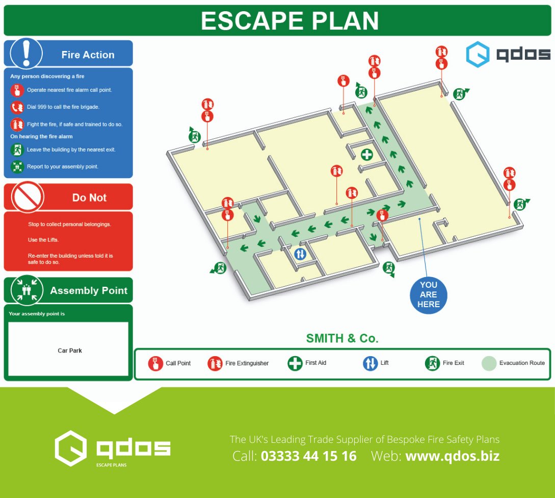 QDOS escape plans use fire safety symbols in accordance with ISO 7010 and all colours in accordance with BS ISO 23601:2020. 📝✅ 

Visit our website for more information: lnkd.in/eVXPBXu

#escapeplans #fireescapeplans #evacuation #evacuationplans #firesafety