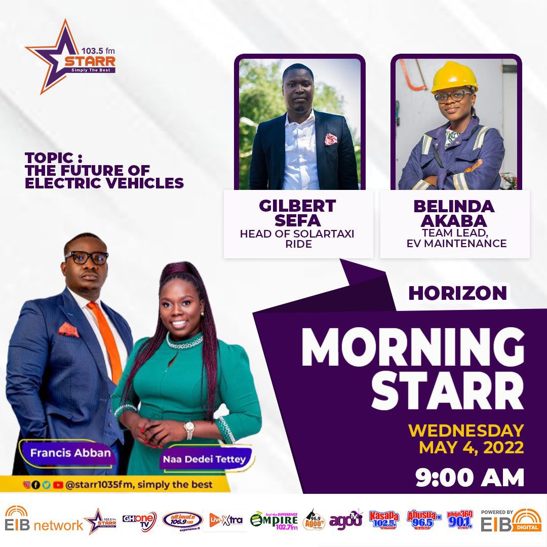 SolarTaxiGh's tweet photo. We are going live this morning on @starr1035fm with one of the most trendy innovations in Ghana right now.

Listen to Gilbert Sefa, Head of Solartaxi Ride Hailing and Belinda Akaba, Lead Engineer on Electric Car Maintenance at 9am Sharp!

You don’t want to miss this!

#solartaxi https://t.co/Xw9lwfFn8l