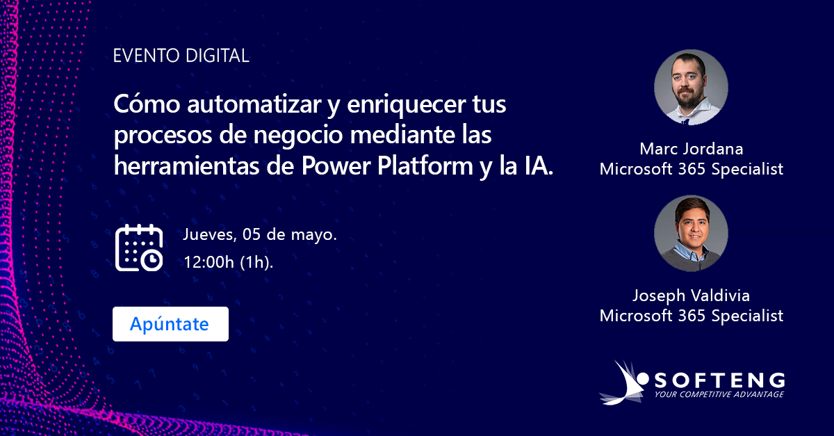 softeng_es's tweet photo. 📅 ¡Save The Date! Solo queda 1 día para nuestro evento digital con demo sobre cómo automatizar y enriquecer tus procesos de negocio mediante #PowerPlatform y la #InteligenciaArtificial en la nube de @MicrosoftES.

Descubre por qué asistir y apúntate aquí: https://t.co/CmiKGzQzmH https://t.co/yENdolTWRJ