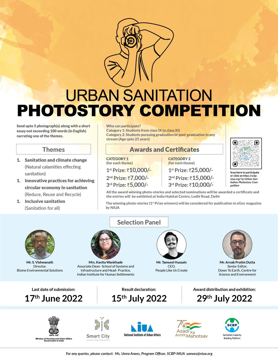NIUA_India's tweet image. *Deadline Extended*

Spend your summer vacation capturing the Indian #sanitation scenario through your lens and win exciting rewards and recognition.

Last date of submission: 17th June 2022

For more details: scbp.niua.org/?q=Urban-Sanit…

#SCBP #photography #story #competition