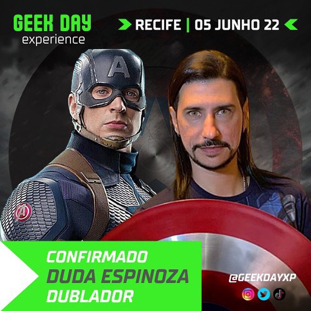 GeekDayXP's tweet photo. O dublador Duda Espinoza também está confirmado no Geek Day Experience. 💚

05 de Junho em Recife! - Ingressos e Fotos já a venda na bio do evento!

#gdxp22 #geekdayexperience #recife #geekrecife #recife #marvel #avengers https://t.co/6gS7XgPpSS