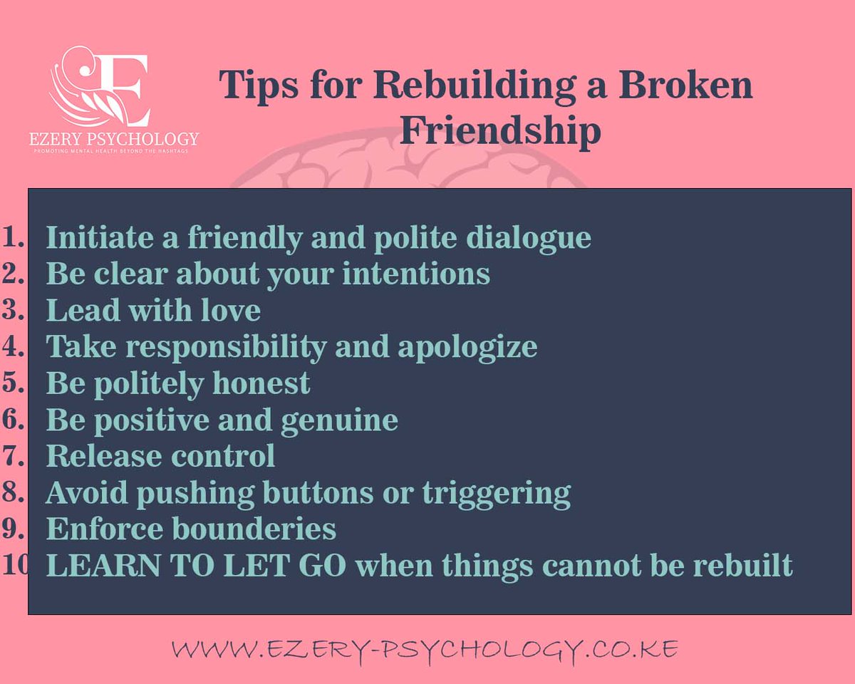 This #WellnessWednesday, we discuss rebuilding friendships 

Connect with a professional counselor on +254720300278/ visit our website 🌐 ezery-psychology.co.ke to book an appointment
#EzeryPsychology  #mentalhealthmatters #counsellor #psychologist #therapy
#ProfitOwuorExposed