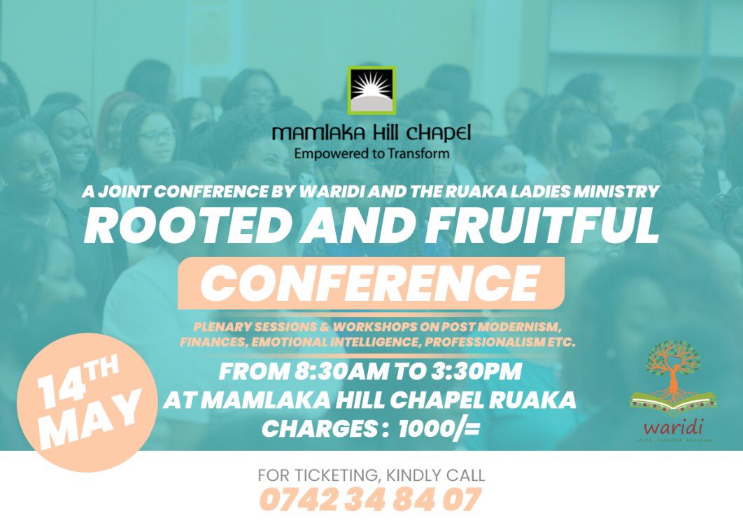 MamlakaChapel's tweet photo. Hello Ladies! Welcome to the Rooted &amp; fruitful conference at Mamlaka Hill Chapel Ruaka Campus on the 14th of May from 8:30AM. Come join us as we discuss various life issues with other queens in the kingdom. Book your ticket or sponsor a young lady on 0742348407. See you there! https://t.co/qShHpTpfaE