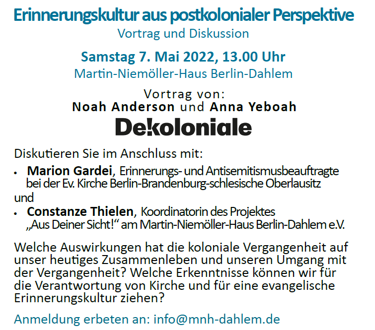 Herzliche Einladung zur Veranstaltung am 7. Mai, um 13 Uhr: „Erinnerungskultur aus postkolonialer Perspektive“. Mit einem Vortrag von „Dekoloniale Erinnerungskultur in der Stadt“ und @ekbo_de Anmeldung: info@mnh-dahlem.de
@zgv_ekhn @EHB_Presse <a href="/StadtmuseumBLN/">Stadtmuseum Berlin</a> @EvangelischTZ