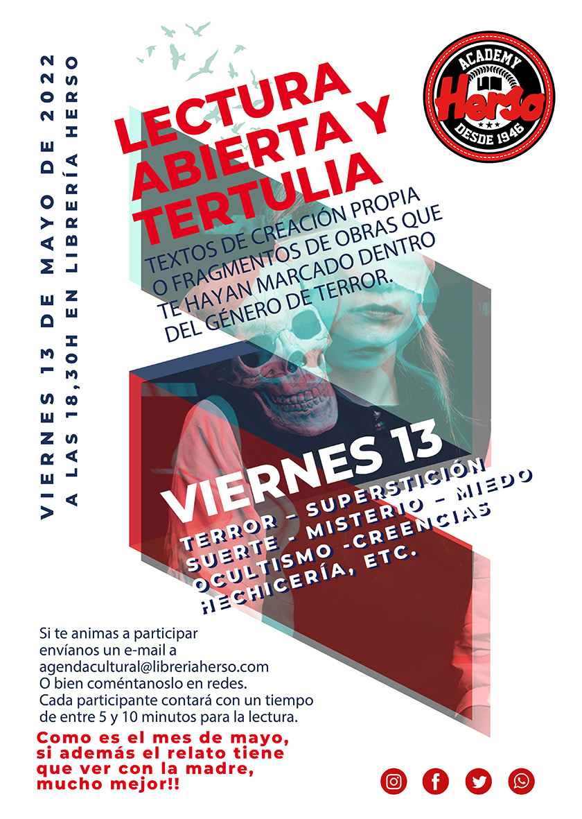 hersolibreria's tweet photo. Lectura abierta, género terror. Viernes 13 en @hersolibreria . Anímate y ven a leer un rato con nosotr@s! #lecturaabierta #literaturaterror #relatosterror #albacete #poemasterror #tertulialiteraria https://t.co/jkZpYEHXBe