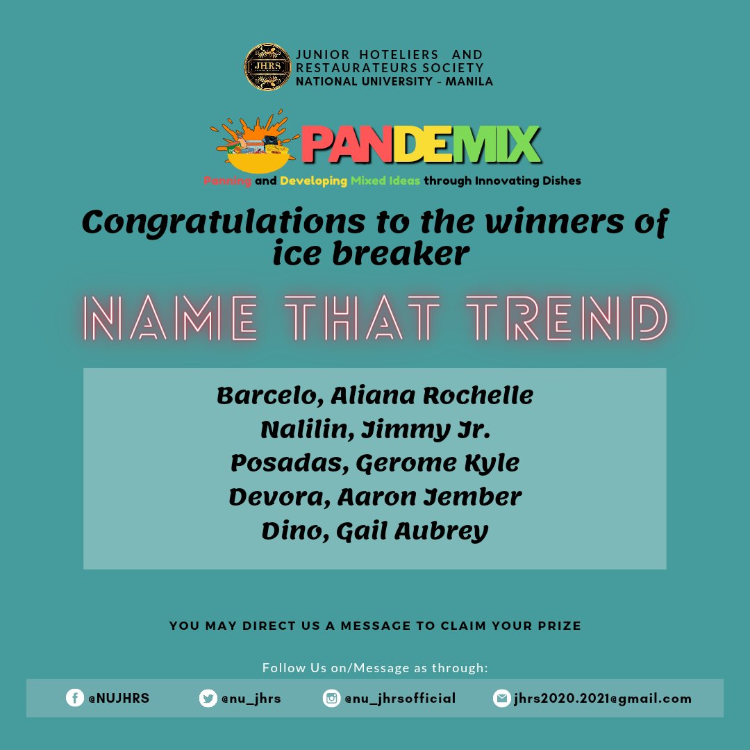 nu_jhrsofficial's tweet photo. CONGRATULATIONS TO THE WINNERS OF ICE BREAKER "Name That Trend". You may direct us a message to claim your prize. Again, thank you and congratulations!
Pubmat by: Vince Robles, Edric John Baloloy
#PANDEMIX
#TatakHM #HandangMaglingkod
#WhereExcellenceStarts https://t.co/RZ1bYQ2MgY