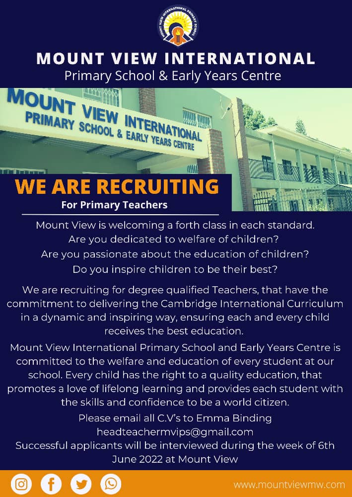 shaba_wils's tweet photo. Teaching vacancies at Mount View International school in Blantyre. https://t.co/OxdK2UPANr