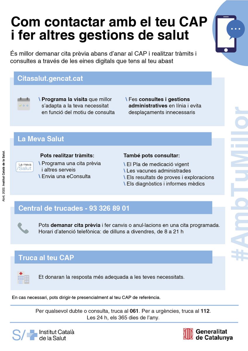 Si necessites fer qualsevol gestió amb el teu CAP sempre és millor contactar-hi o demanar cita abans. Això facilita la gestió per part de l’equip per concretar el perfil professional que més s’adequa a les teves necessitats
atencioprimariaicsbcn.wordpress.com/2022/04/12/com…