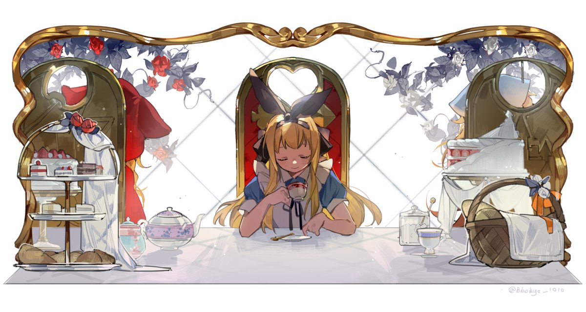 1girl blonde hair cup long hair teapot teacup solo  illustration images