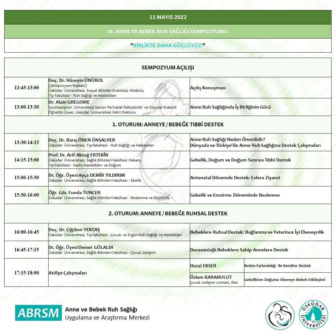 AnneBebekUsk's tweet photo. Üsküdar Üniversitesi Anne Bebek Ruh Sağlığı Merkezi ve Sosyal Bilimler Enstitüsü iş birliği ile gerçekleştireceğimiz III. Anne ve Bebek Ruh Sağlığı Sempozyumumuza hepinizi davet ediyoruz.
@drnevzattarhan @uskudaruni @nurper1 @hizlisayar @HuseyinUnubol https://t.co/EXtQHv3WNn