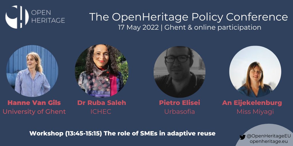 Meet our speakers! Join the workshop on the role of SMEs in #AdaptiveHeritageReuse with Hanne Van Gils <a href="/ugent/">UGent</a>, Ruba Saleh <a href="/IchecBrussels/">ICHEC Brussels</a>, Pietro Elisei <a href="/urbasofia/">Urbasofia</a> and An Eijekelenburg from #MissMiyagi!

📝 Agenda: bit.ly/3vNpLIZ
✍️ Register: bit.ly/38nKMSu