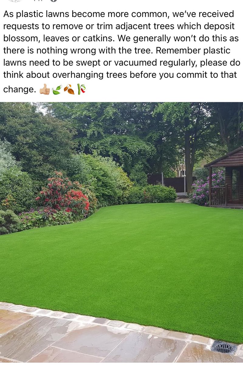 Disappointing to see my local parish council getting requests to remove trees simply for depositing blossom and leaves onto plastic lawns. I fear the amount of councils that have started removing overhanging trees already!
#gardening #nofakegrass #banfakegrass