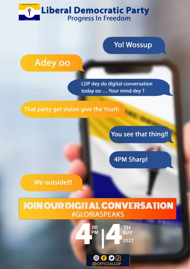 officialLDP_'s tweet photo. Running Mate of the Liberal Democratic Party, Miss Gloria Azumah gets interactive today.

Join us, live on Facebook at 4pm on the dot whilst she takes your concerns into considerations ahead of our manifesto launch.

#LDP
#progressinfreedom
#3hye🔥
@TDzineku @kodwoboateng https://t.co/GkdDwet7Sn