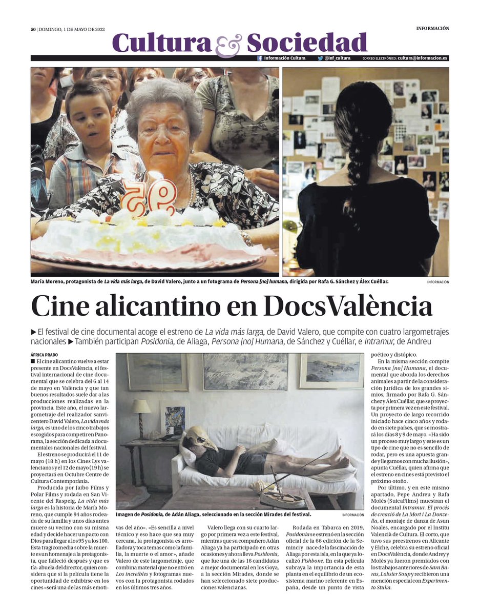 Representación alicantina en <a href="/DocsValencia/">DocsValencia</a>
Nuestro estreno con #PersonaNoHumana de <a href="/DACSAPRODUCCION/">DACSA PRODUCCIONS</a>.Un orgullo compartir cartel con #LavidaMásLarga de David Valero y #Posidonia de <a href="/AdanJaibo/">Adan Aliaga</a> ambas producidas x <a href="/JaiboFilms/">Jaibo Films</a> 
 e #Intramur de <a href="/rafamoles/">rafa molés</a> y <a href="/suicafilms/">SUICAfilms</a> 
🗞️<a href="/inf_cultura/">INFORMACIÓN_cultura</a>