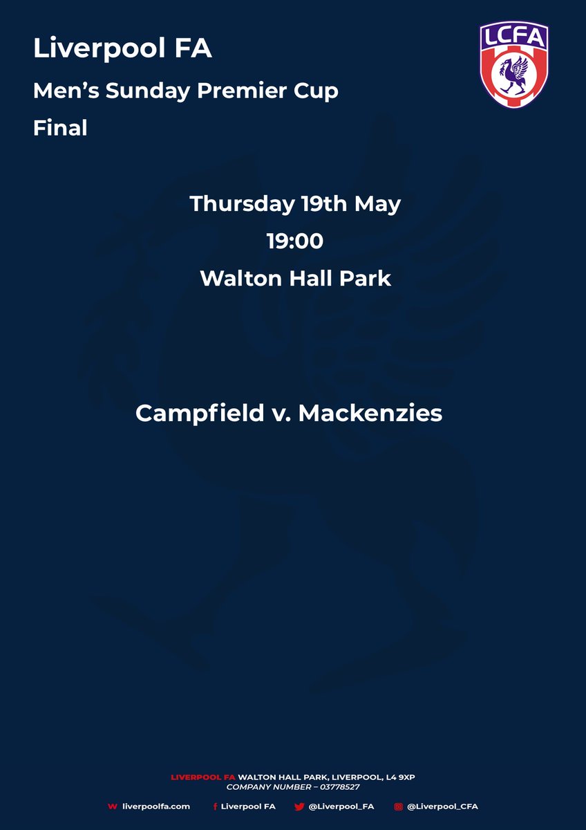 COUNTY CUP FINALS 🏆 | Tonight, we continue our round up of the #Liverpool FA County Cup Finals with the line-ups for the Sunday Finals!

First up is the Men's Sunday Premier Cup between <a href="/thecampfieldfc/">CAMPFIELD FC</a> and <a href="/MackenziesFc/">mackenzies fc</a>

📅 Thursday 19th May
⏰ 19:00
🏟 Walton Hall Park