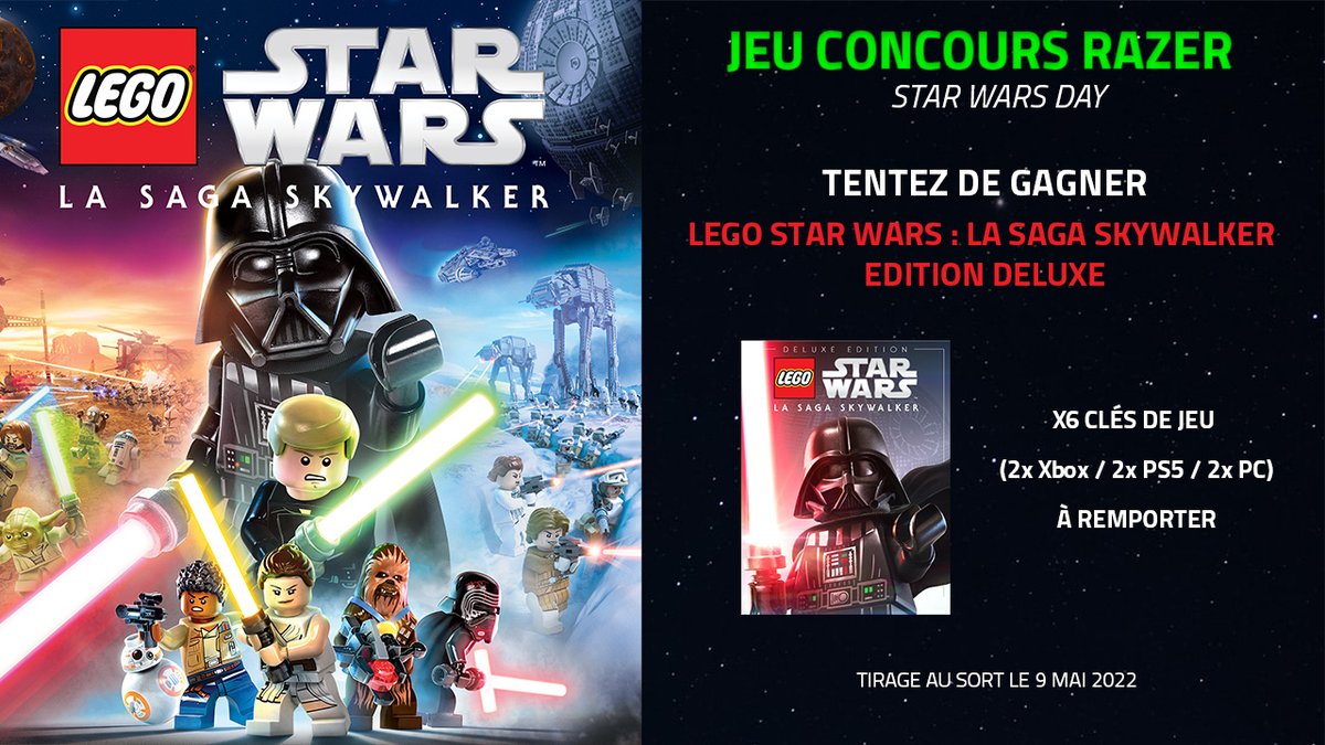 RazerFrance's tweet image. 🌟 Pour ce #StarWarsDay, on vous fait GAGNER 6 clés de jeu LEGO Star Wars : La Saga Skywalker - Edition Deluxe (2x Xbox / 2x PS5 / 2x PC)

Pour participer : 
✅ Follow @RazerFrance
🔁 RT
💬 Commente sur quelle plateforme tu joues

Bonne chance et... #MayThe4thBeWithYou. 🌌😎