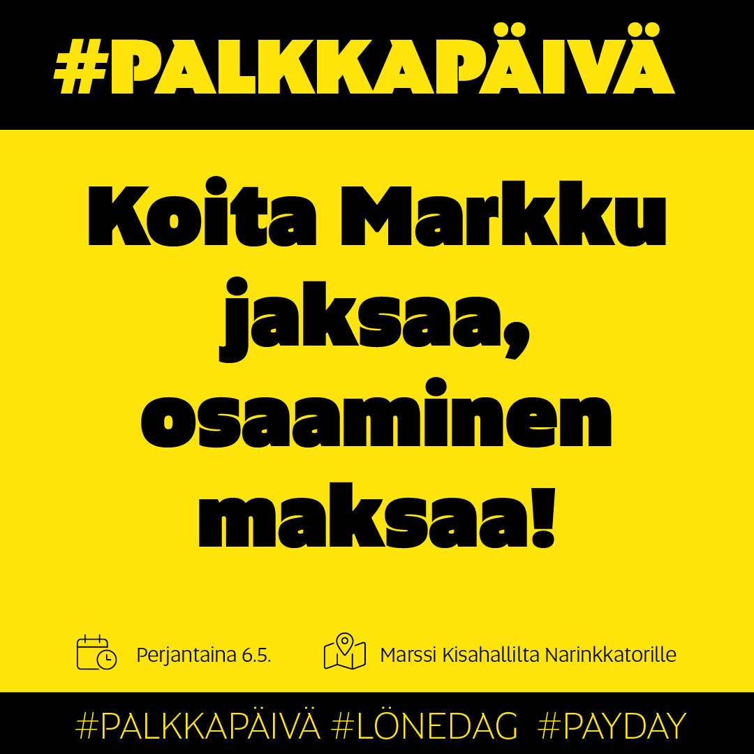 Kuntalakkojen piirissä on liki 23 000 opettajaa. Perjantaina kutsumme heidät sekä muut <a href="/JUKOry/">Julkisalan koulutettujen neuvottelujärjestö JUKO</a>, <a href="/JHLry/">Ammattiliitto JHL</a> ja <a href="/Jyty_ry/">Ammattiliitto Jyty</a> -väen Helsinkiin marssille.

Marssin jälkeen <a href="/InaMikkola/">Ina Mikkola</a> juontaa tapahtuman, jossa luvassa hienoa ohjelmaa. Tule! fb.me/e/2jLWJXmI7 #palkkapäivä #lakko2022