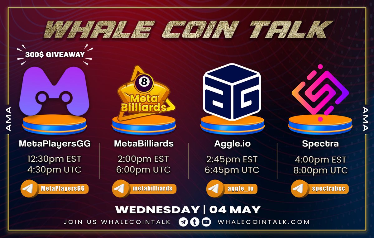 AMA ANNOUNCEMENT 📢

➡️ Join: t.me/whalecointalk
➡️ Follow: @whalecointalk
🏦 Join our AMA with <a href="/MetaPlayersGG/">MetaPlayersGG ($MFPS)</a>, <a href="/metabilliards/">MetaBilliards</a>, @aggle_io &amp; @SpectraToken.

You also stand a chance to win a share of $300 at the end of the AMA.🤑
