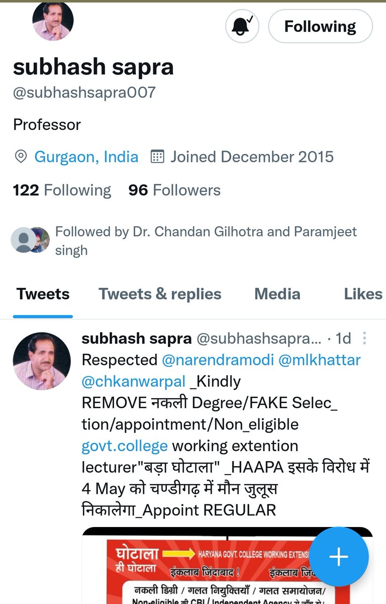Ridhi09's tweet photo. @subhashsapra007 @narendramodi @mlkhattar @chkanwarpal @PMOIndia @cmohry @highereduHRY @officeofDC @BhupinderShooda @ugc_india @DrSushilKrGupta @AbhaySChautala @BJP4Haryana @INCHaryana Professor likhte hai khud ko.

Proof kare ki kab banaya gaya inko Professor.

Subash Sapra uncle ji, aapka sach jaldi hi logo ke saamne aa raha hai. Aapko retirement ke baad extension lecturer nhi lagaya, isliye aap aisa kar rahe hai, aisa bataate log https://t.co/Pa3ce0PLRJ
